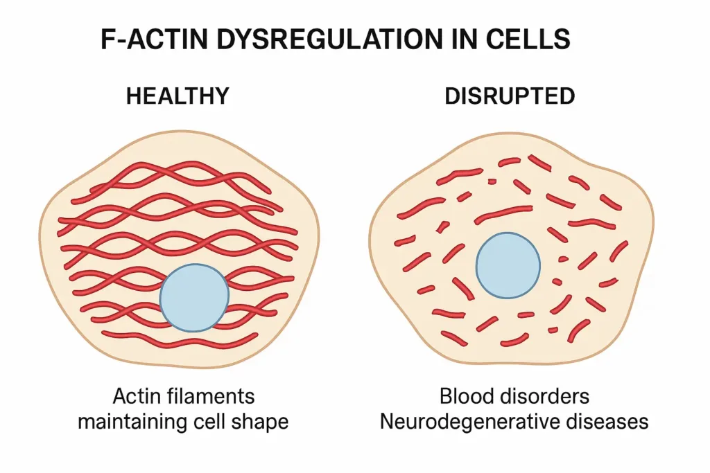Cytoskeleton disease example with F-actin dysregulation affecting cell shape in blood disorders, cataracts, osteoarthritis, and tendinosis.