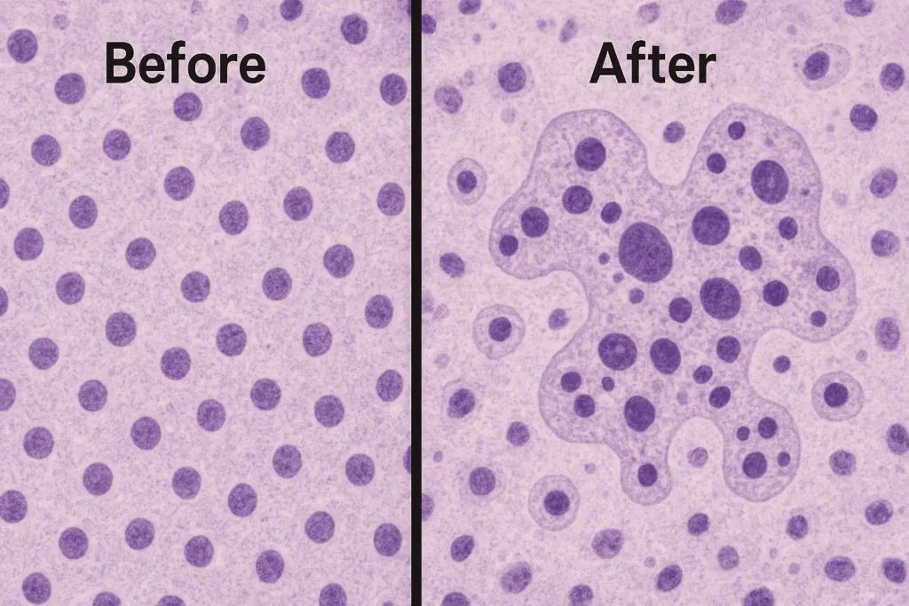 Viral cytopathic effects showing morphological changes like cell rounding, syncytia, and inclusion bodies in infected cells from microscopy studies.