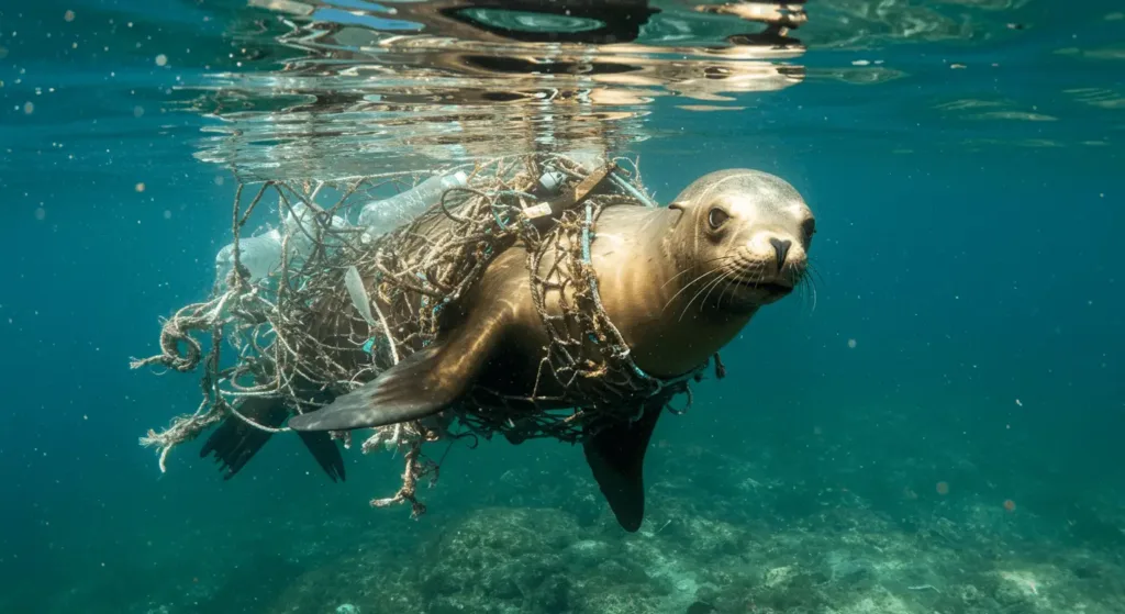 An underwater photo shows a brown sea lion swimming, heavily entangled in a discarded fishing net and plastic debris around its neck and body. The water is clear blue-green, and rocky seafloor is visible below. The sea lion looks towards the viewer with a concerned expression.