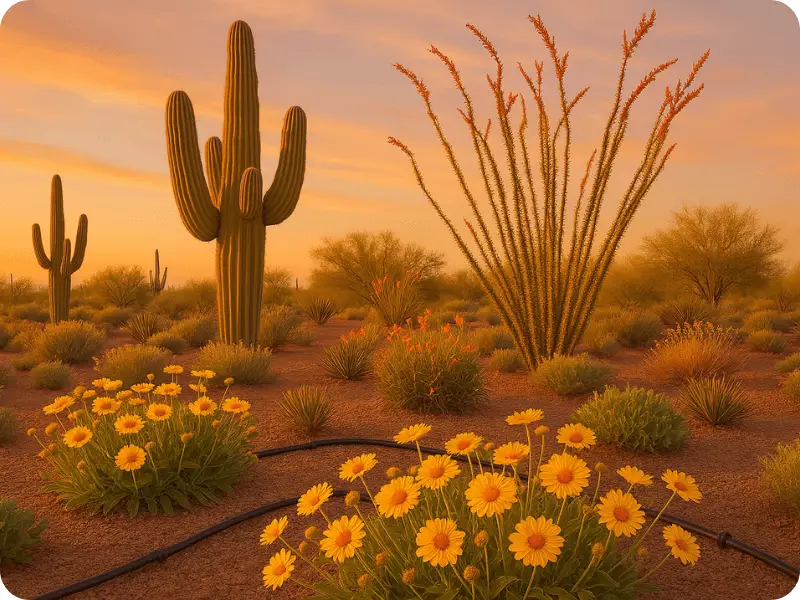 Vibrant Sonoran Desert garden at sunset featuring saguaro cacti, desert marigolds, and ocotillo with a drip irrigation system, showcasing sustainable desert biome flora gardening.