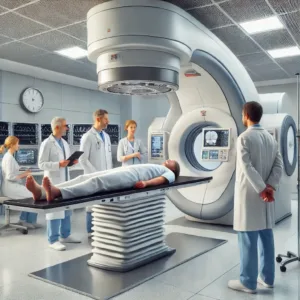 Doctors performing radiation therapy on a cancer patient using a linear particle accelerator for precise treatment