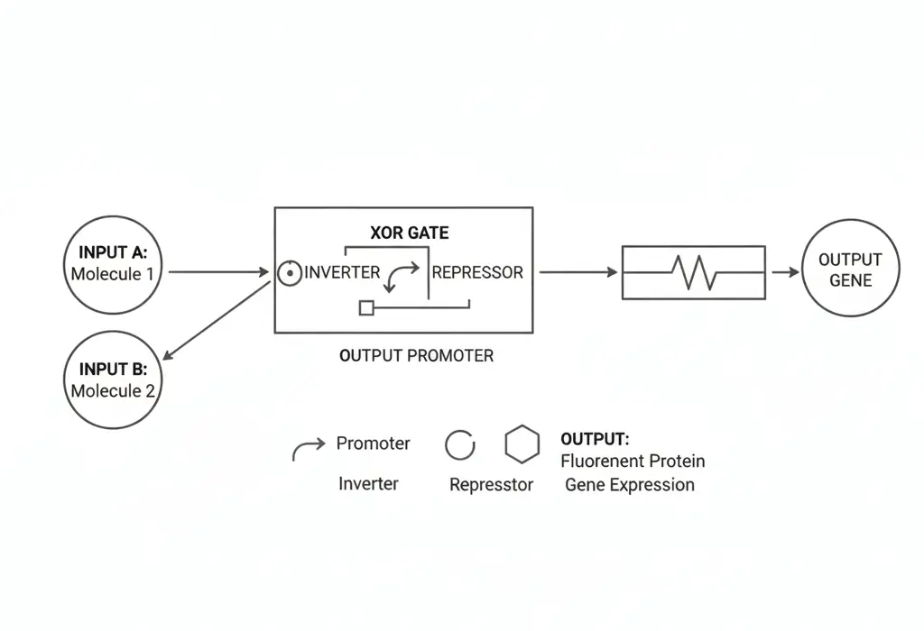 Diagram of a biological XOR gene circuit logic gate showing two inputs regulating a single protein output.