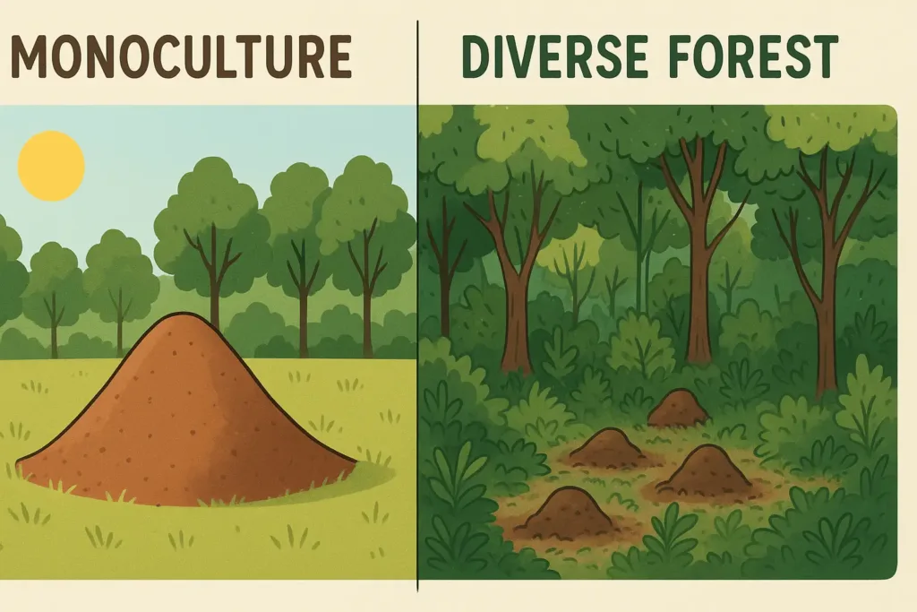 A two-part illustration comparing a monoculture landscape with a diverse forest. The left side, labeled "Monoculture," shows a single, massive red imported fire ant mound in a clear, sunny field with a uniform line of trees. The right side, labeled "Diverse Forest," depicts a complex, shaded forest with a variety of trees and shrubs, where several smaller, less-defined ant mounds are scattered. The image visually demonstrates how diverse habitats prevent the dominance of a single ant species.