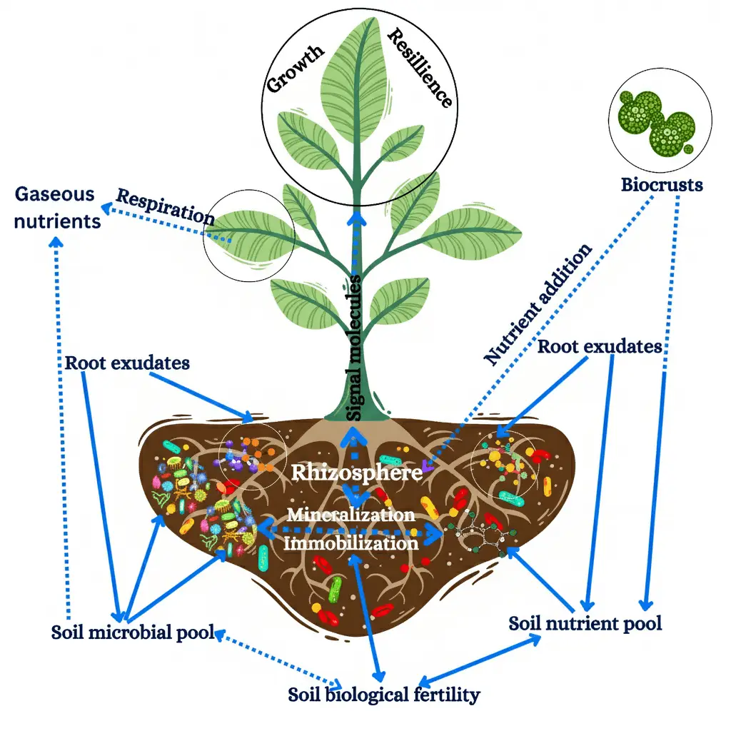 Diagram illustrating the rhizosphere interaction, showing how root exudates and signal molecules link a plant's growth and resilience to the soil microbial pool and nutrient pool, affecting soil biological fertility, with roles for biocrusts, mineralization, and immobilization.