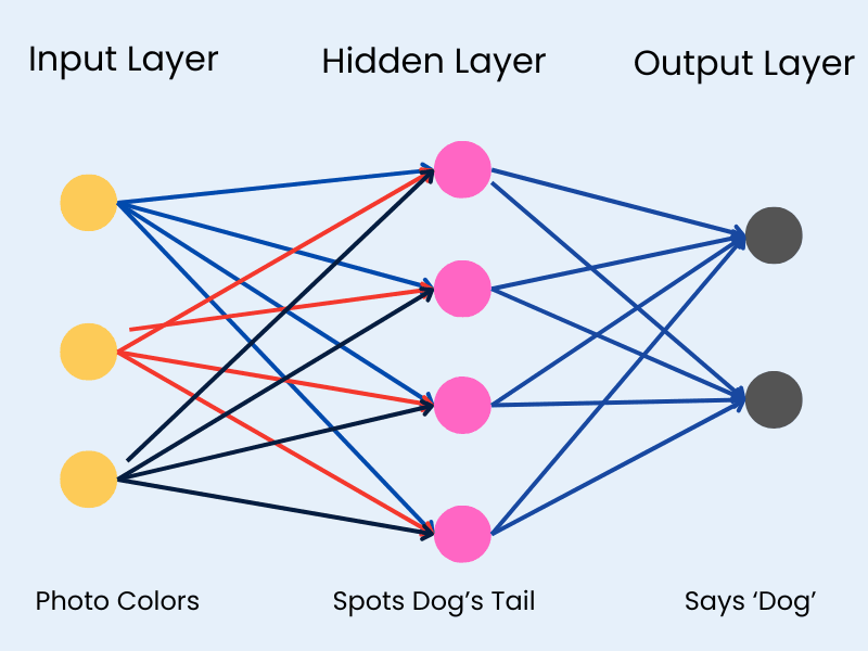 Simple diagram of artificial neural network parts, showing layers for AI accuracy.