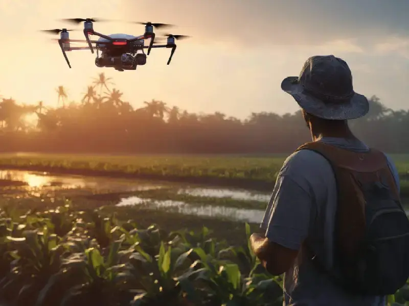 Agriculture man working plantation with drone sunset background.