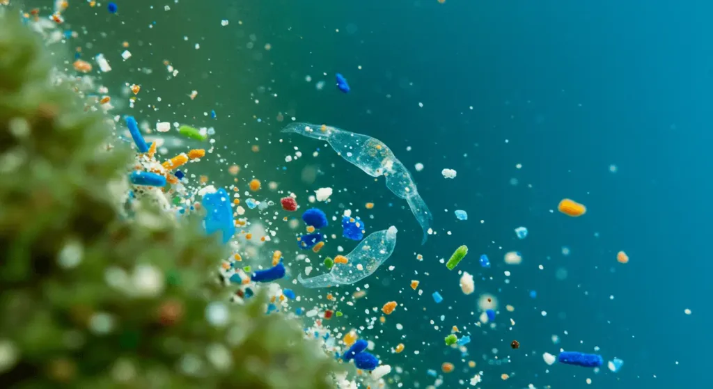 Close-up of microplastics polluting ocean water with marine life, showcasing the environmental impact of plastic pollution.