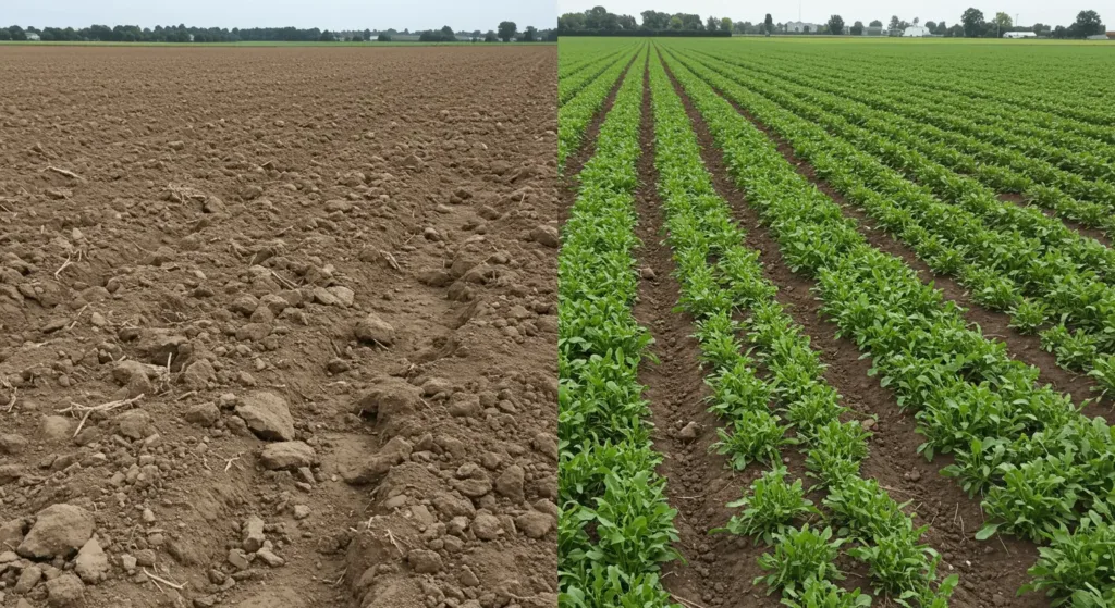 Comparison of conventional tilled soil versus regenerative no-till soil with cover crops, highlighting soil health benefits.