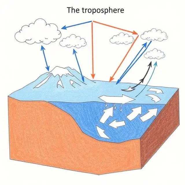 Diagram of the troposphere illustrating cloud formation, convection currents, and precipitation, showcasing troposphere weather impact with rain and storm visuals.
