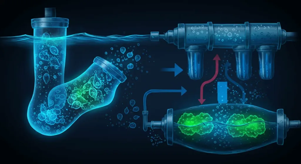 Illustration of a water filtration system using organic chemistry to capture and degrade microplastics, showcasing innovative pollution solutions.