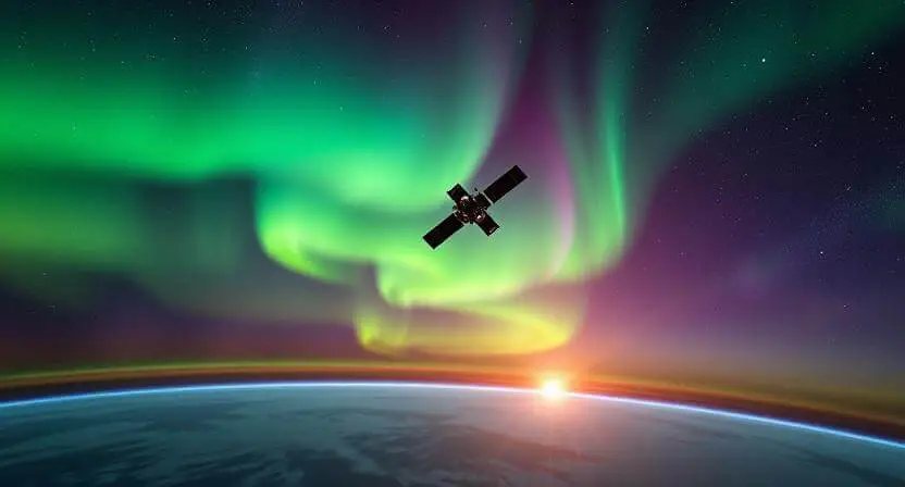 Photo of Northern Lights in the thermosphere and a satellite orbit diagram in the exosphere, illustrating thermosphere auroras weather and exosphere satellite weather impacts.