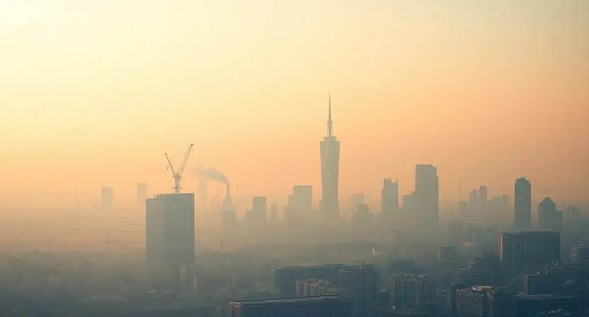 Photo of a polluted city skyline with smog, illustrating tropospheric pollution effects on weather and health, including urban heat islands.