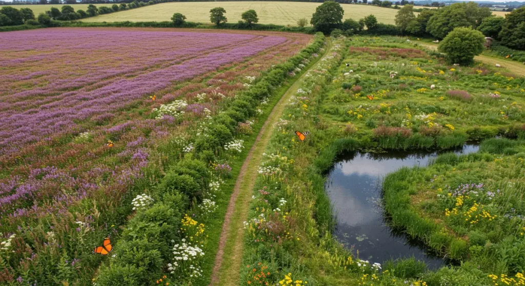 Regenerative farm showcasing biodiversity benefits through diverse plantings, hedgerows, and wildlife habitats supporting pollination.