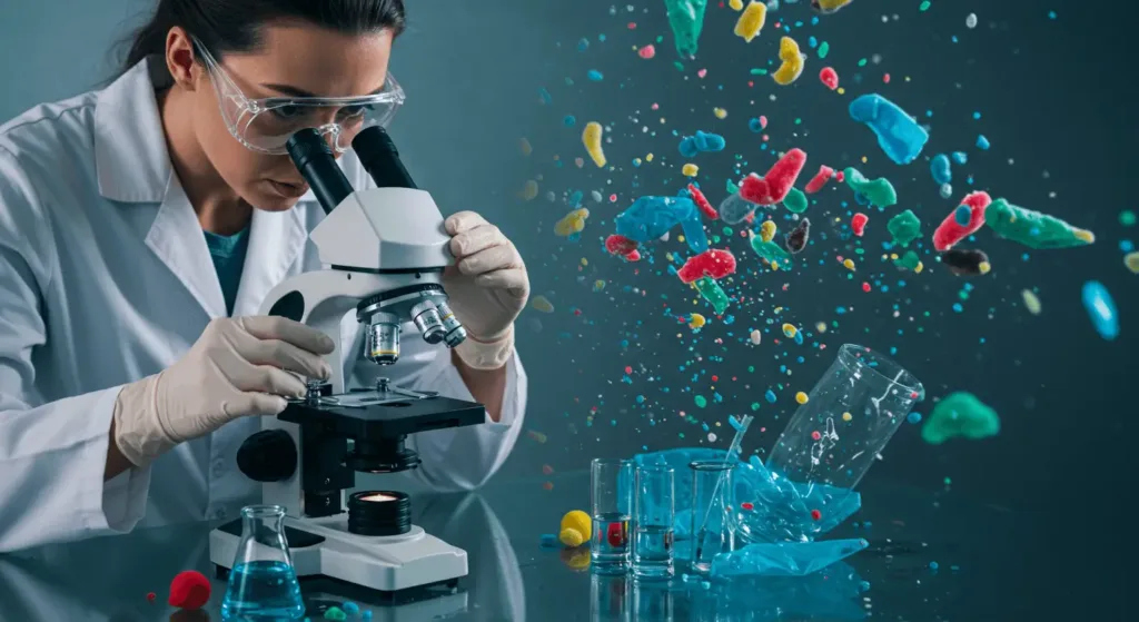 Scientist analyzing microplastic pollution in a water sample under a microscope, highlighting organic chemistry solutions for cleaner water.