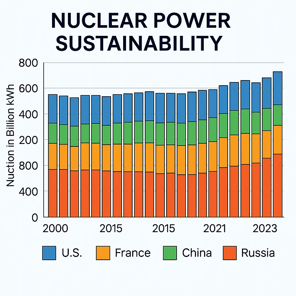 Bar chart comparing nuclear energy production by the U.S., France, China, and Russia from 2000 to 2023, showcasing nuclear power sustainability.
