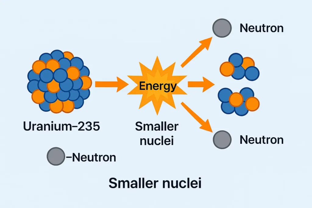 Diagram of nuclear fission showing a uranium-235 atom splitting into smaller nuclei, releasing energy and neutrons, illustrating the nuclear power plant process.