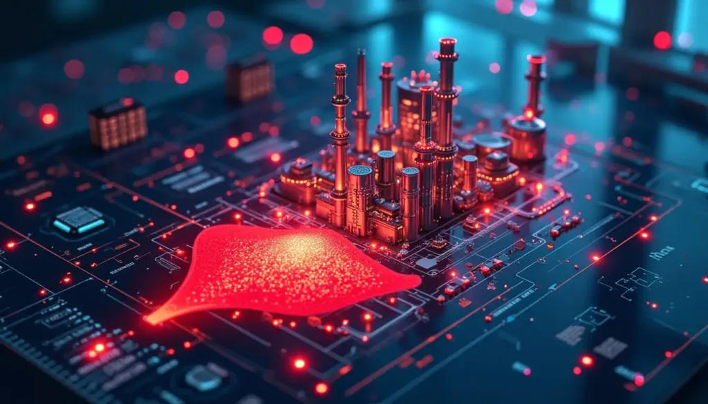 Image of a simulated hazardous chemical spill in a digital twin interface, highlighting AI-driven safety measures in chemical production for risk management.
