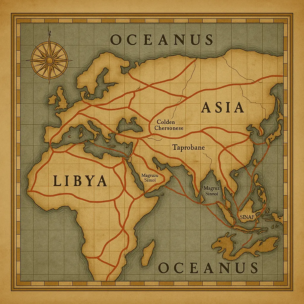 tylized ancient world map inspired by Claudius Ptolemy’s 2nd-century “Geographia,” showing Europe, Asia, and Africa encircled by Oceanus, with parchment texture, muted earth tones, Latin and Greek labels, Ptolemaic coordinates, and Roman trade routes connecting key regions.