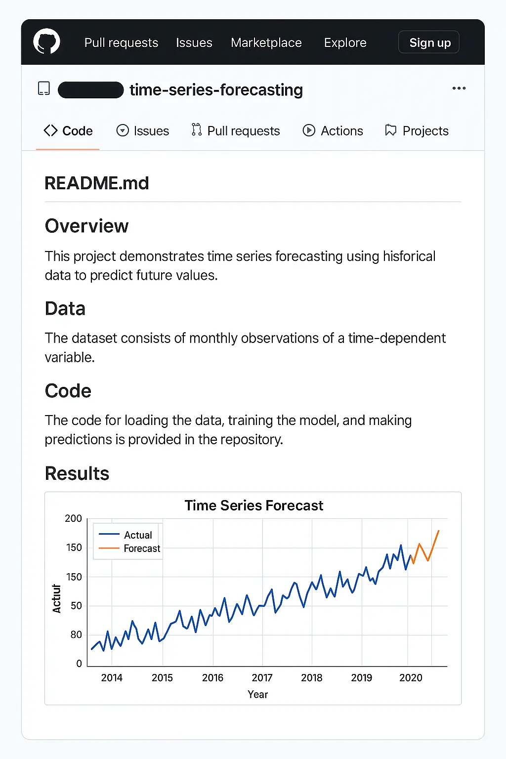 Screenshot of a GitHub project page for a time-series forecasting ML project, with a detailed README and graph, ideal for non-CS learners building a portfolio.
