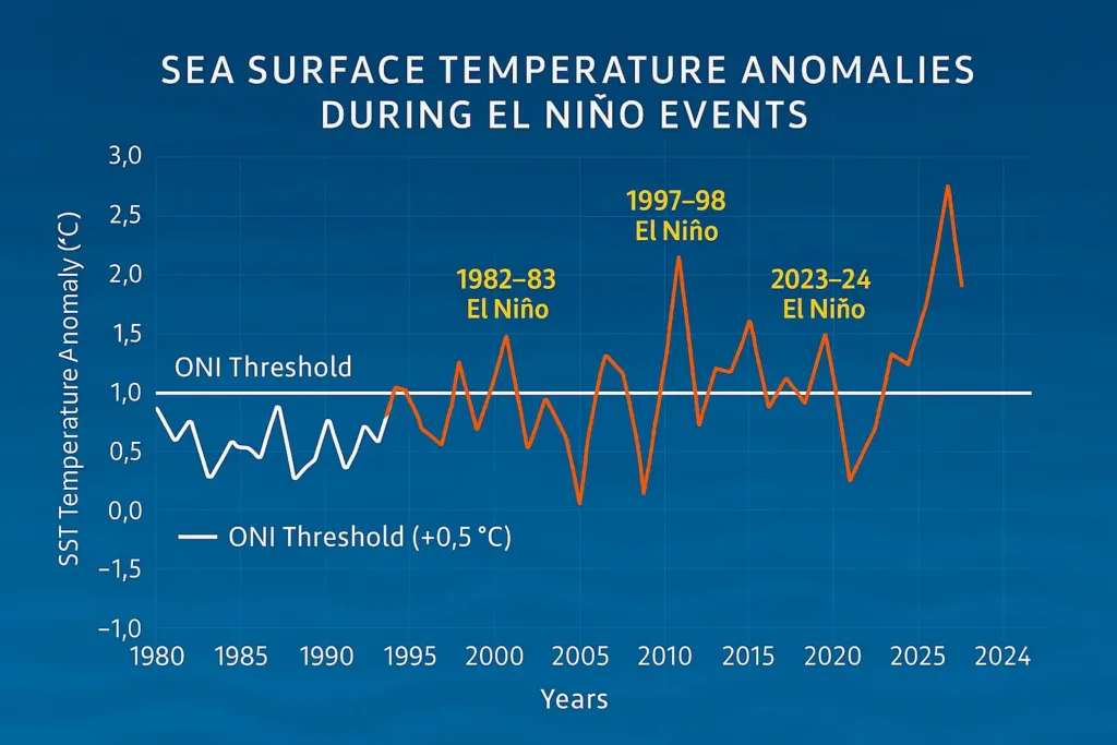 Line graph showing monthly sea surface temperature anomalies in the Niño 3.4 region from 1980 to 2024. Set against a blue oceanic background, the graph features temperature spikes marked in red and orange during major El Niño events, with labeled axes, annotations for peak years, grid lines, and an ONI threshold legend.