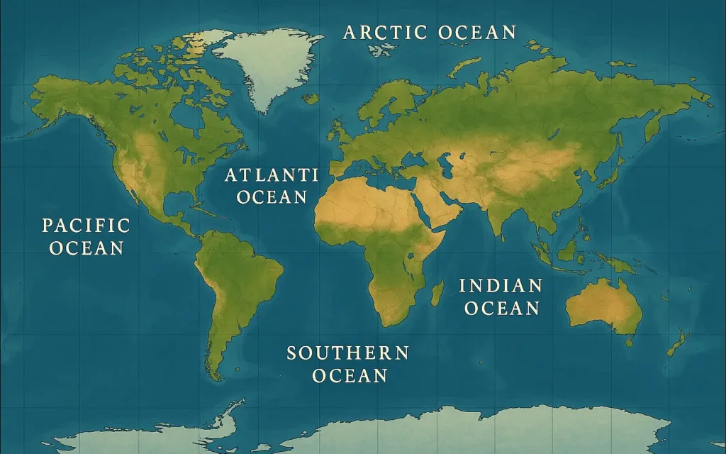 Detailed world map showing the Pacific, Atlantic, Indian, Southern, and Arctic Oceans with vibrant blue shades, clear boundaries, labeled basins, and subtle depth contours for ocean floors.