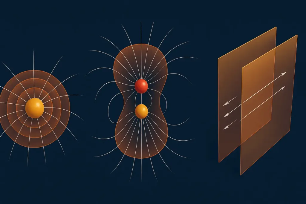 Equipotential surfaces potential visualization showing 3D surfaces around point charge, dipole, and parallel plates.