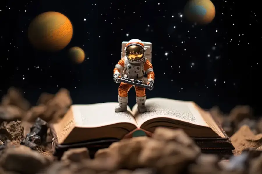 Miniature astronaut figurine stands on an open book, symbolizing exploration and knowledge, with planets and stars in a dark cosmic background.