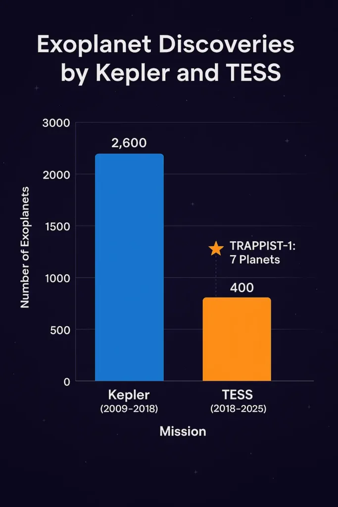 Bar chart comparing exoplanet discoveries by Kepler and TESS, highlighting the TRAPPIST-1 system, showcasing transit method exoplanets.