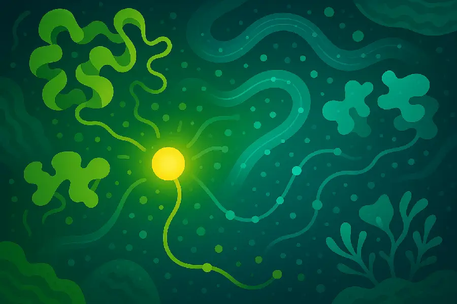 Abstract digital illustration of biochemical processes with interacting proteins, glowing enzymes, and flowing metabolic pathways.