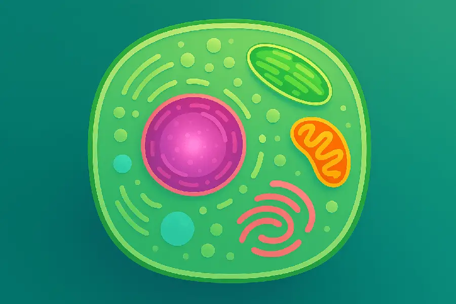 Vibrant digital illustration of a stylized eukaryotic cell cross-section with glowing organelles.