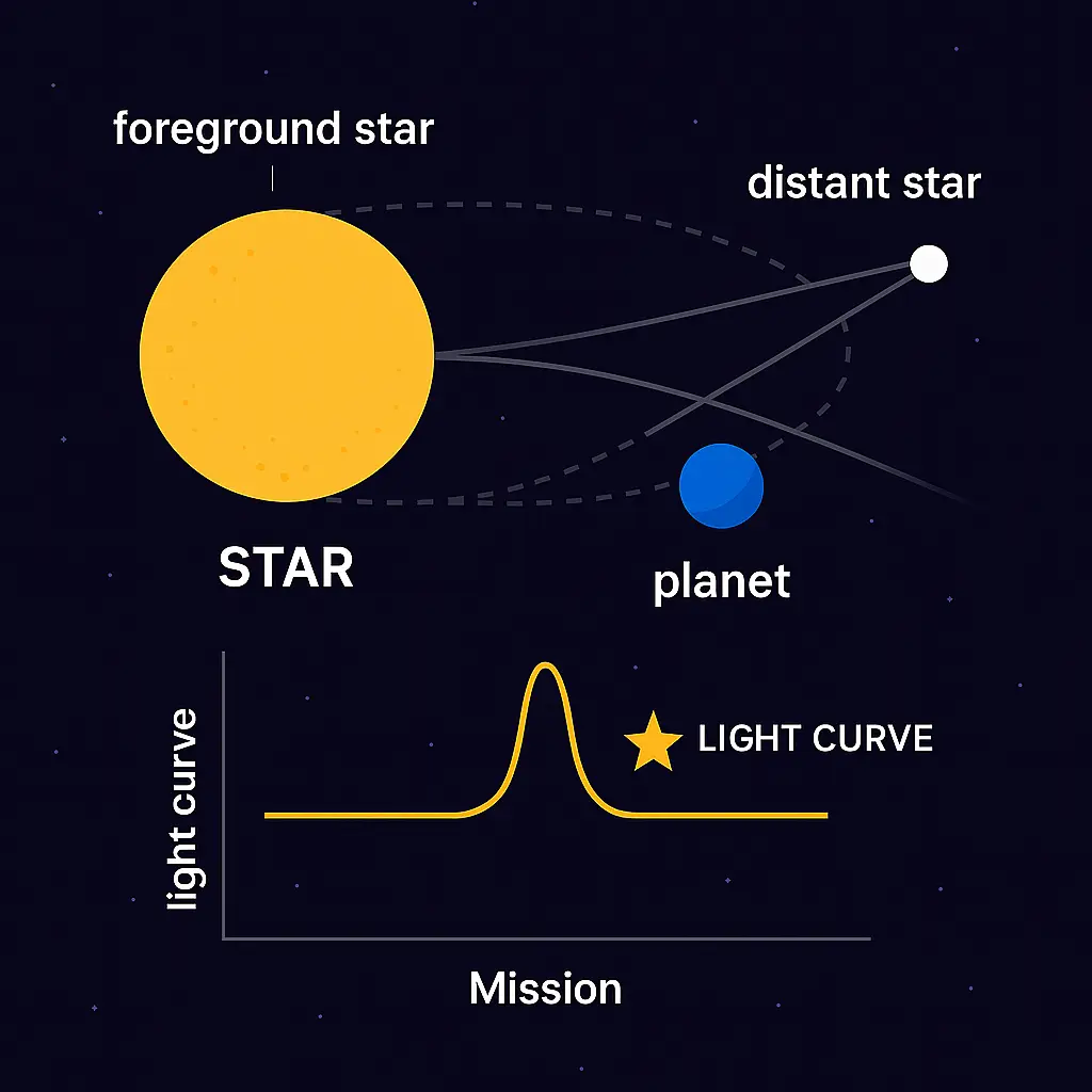 Diagram of gravitational microlensing, showing a star and planet bending light from a distant star, with a light curve depicting the brightness spike for exoplanet detection.