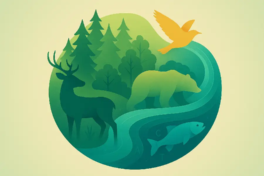 Digital illustration of an interconnected ecosystem with blending elements of forests, water, and animal silhouettes.