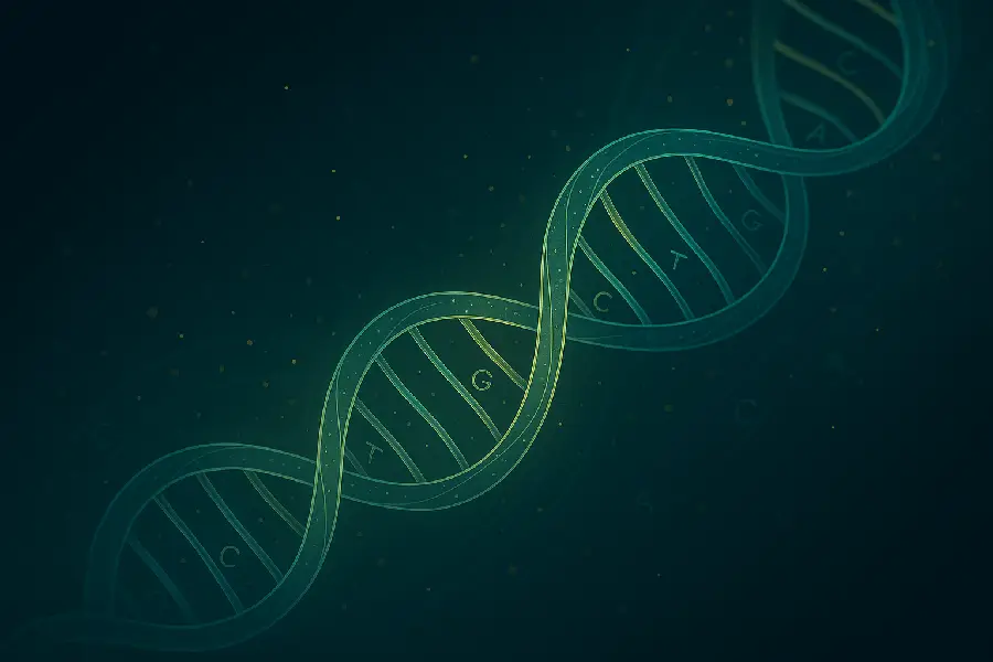 Abstract digital art of a gracefully swirling DNA double helix with subtle glowing elements.