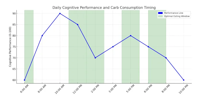 Graph of daily cognitive performance with optimal carbohydrate intake times for sustained focus and mental energy.