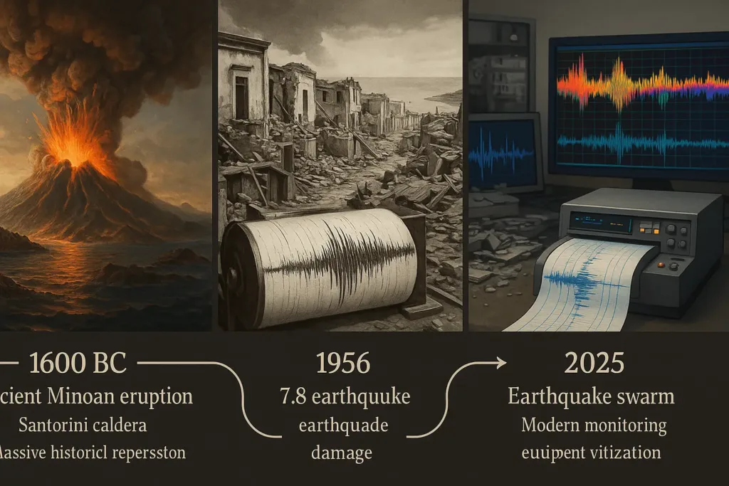 Santorini historical earthquakes timeline 1956 Amorgos earthquake Minoan eruption 1600 BC 2025 earthquake swarm comparison.