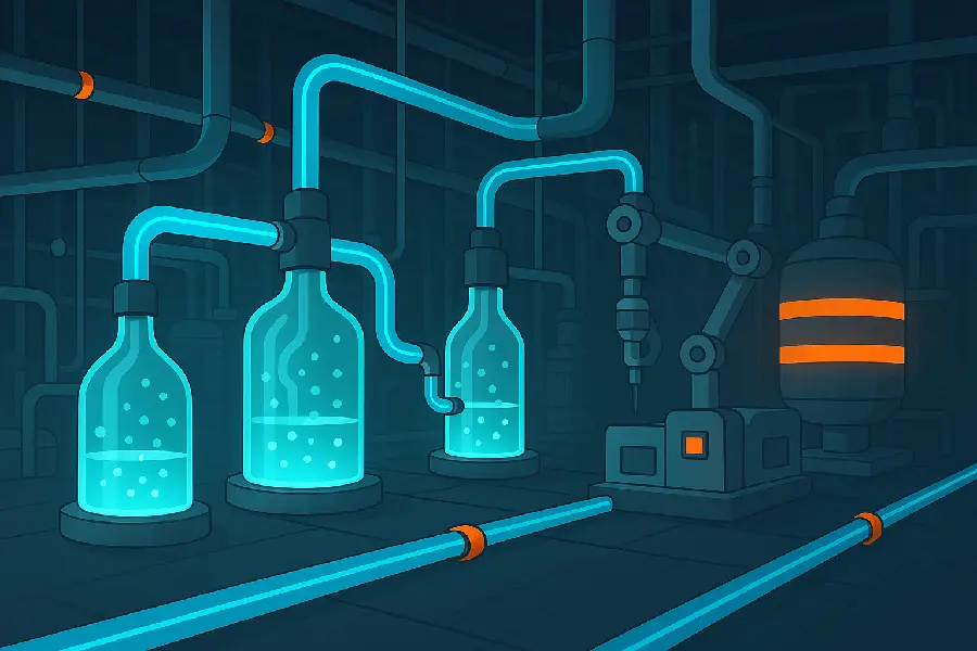 Futuristic digital illustration of a clean industrial chemistry facility with glowing pipelines and reaction vessels, symbolizing large-scale production.