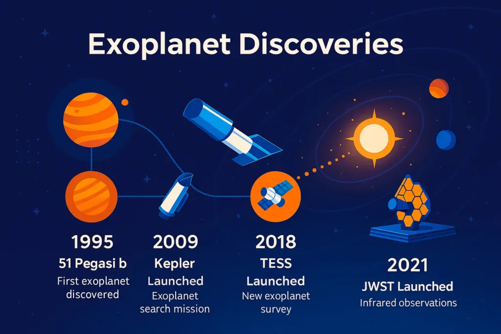 Infographic timeline of exoplanet discovery milestones from 1995 to 2025, featuring 51 Pegasi b, Kepler, TESS, and JWST, with icons of telescopes and planets.