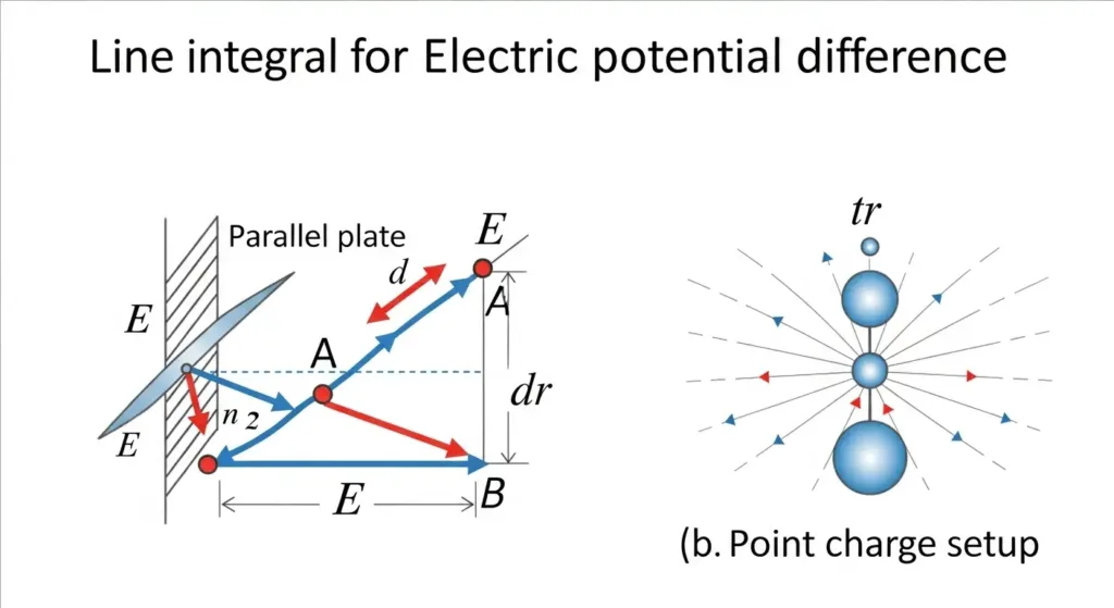 Diagram of line integral for electric potential difference in electrostatics, showing electric field and displacement vectors for parallel plates and point charge.