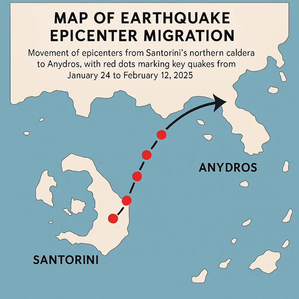 A simplified 2D map showing the movement of earthquake epicenters from Santorini’s northern caldera to Anydros. Red dots mark key quakes along a curved black arrow pointing northeast, representing seismic activity from January 24 to February 12, 2025.