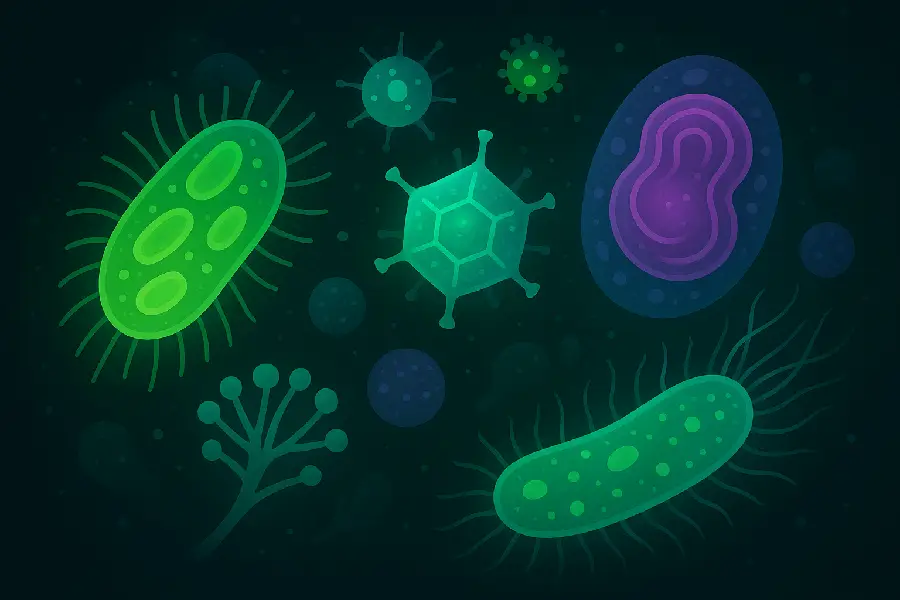 Microscopic digital illustration of diverse microorganisms like bacteria and viruses in vibrant colors.