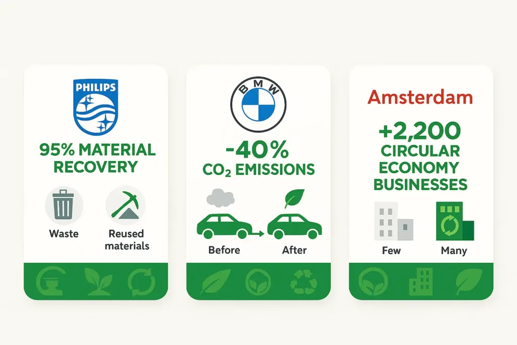 Mini-case cards showcasing circular economy examples: Philips Lighting’s product-as-a-service, BMW’s closed-loop recycling, and Amsterdam’s urban initiatives.