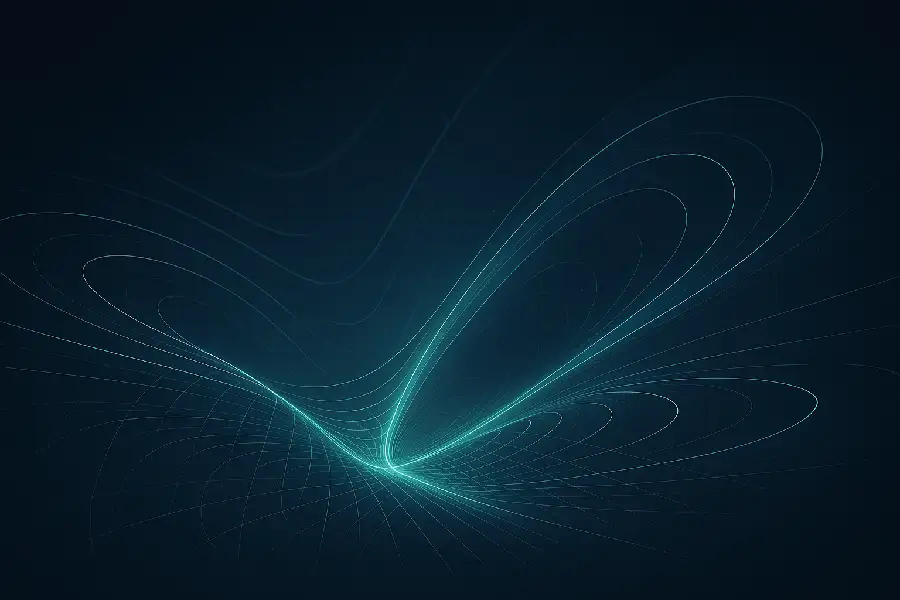 Futuristic abstract digital art representing warped spacetime or quantum interactions with glowing lines.