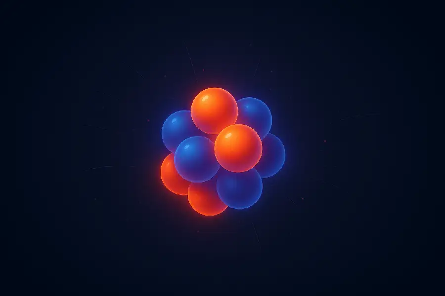 Stylized digital illustration of an atomic nucleus with glowing protons and neutrons, representing nuclear power.