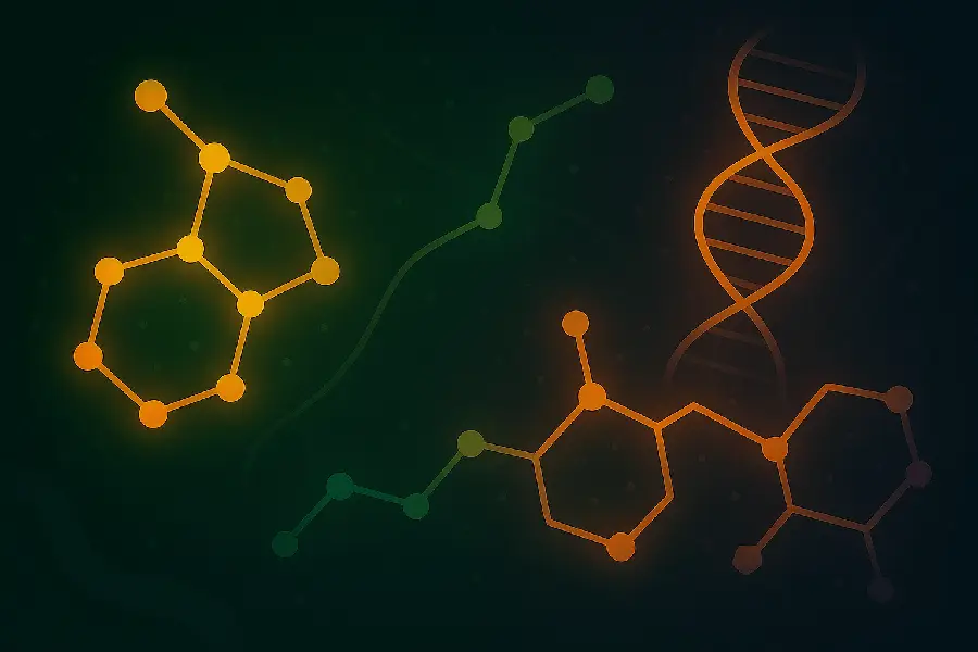 Digital art of glowing organic molecular structures with interconnected carbon chains and shimmering bonds, representing chemical synthesis.