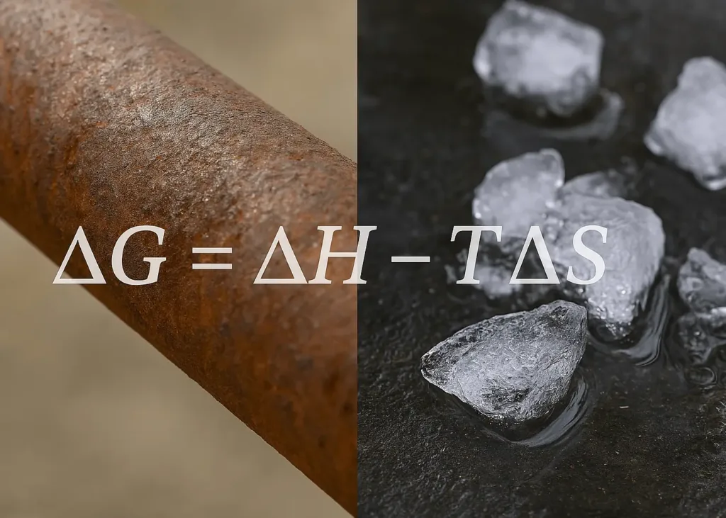 Photo of rusting metal and melting ice, illustrating spontaneous processes driven by Gibbs Free Energy in real-world chemistry.