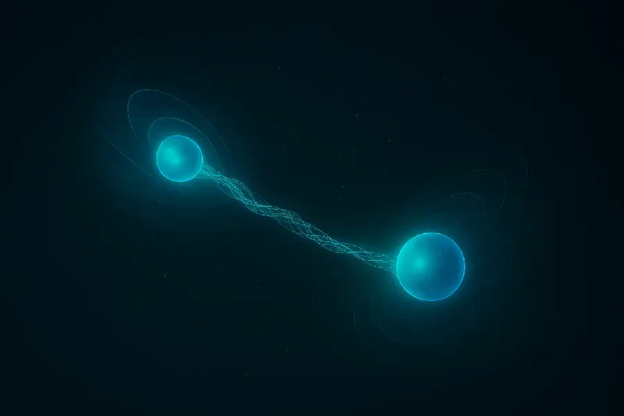 Abstract quantum physics concept art showing a glowing particle in multiple positions or two linked particles with energy threads.