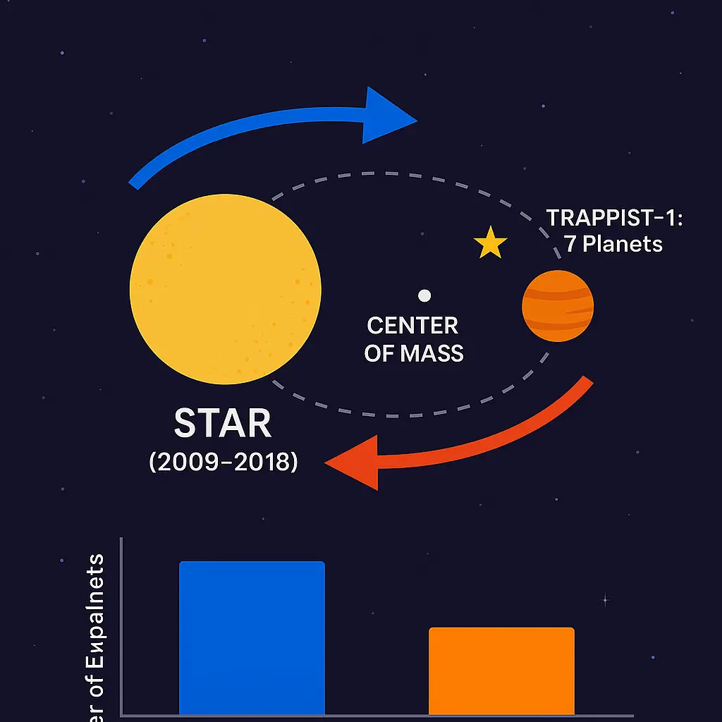 Radial velocity method diagram showing stellar wobble caused by orbiting exoplanet using Doppler effect detection.