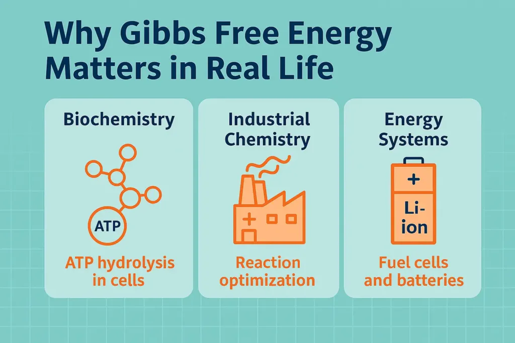 Illustration showing ATP molecules, an industrial chemical reactor, and a hydrogen fuel cell—demonstrating how Gibbs Free Energy drives biological, industrial, and clean energy systems.