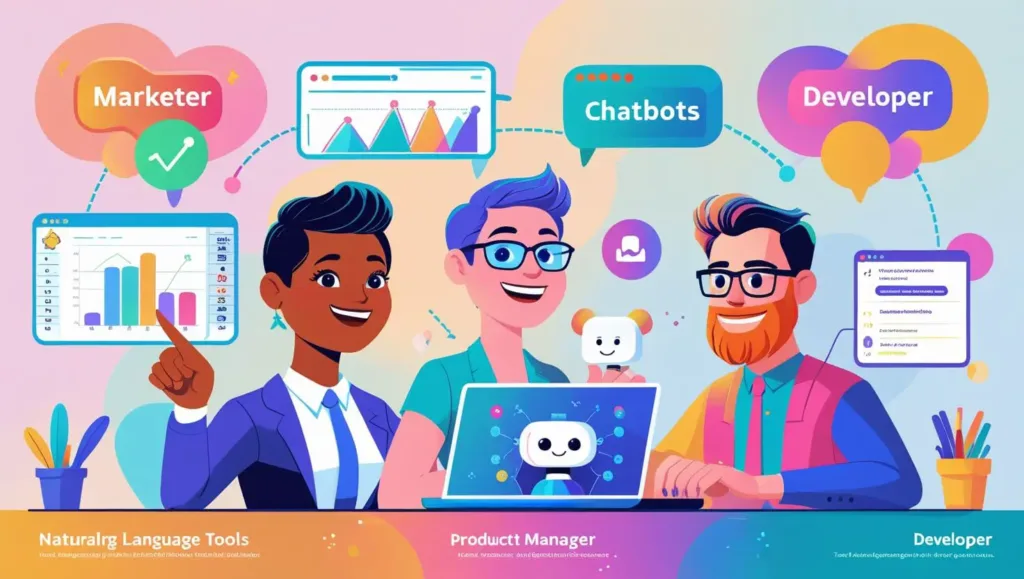Infographic of NLP applications for marketers, product teams, and developers, featuring sentiment analysis, chatbots, and text classification.