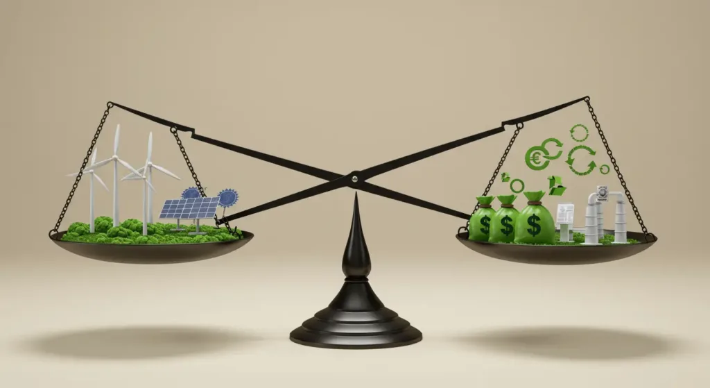 Scale balancing carbon capture benefits like sustainability with challenges like cost and energy, representing CCS and DAC complexities.